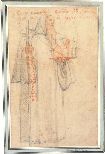 Fra Stefano, procuratore dei Camaldolesi a Vallombrosa, come San Romualdo, con un modello di chiesa e un rosario, 1577 da Federico Zuccaro