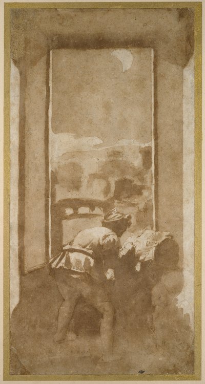 Uomo che disegna al chiaro di luna dalla finestra di una casa da Federico Zuccaro
