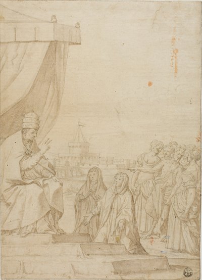 Papa benedice due donne alla presenza di un satiro e di donne riunite con Castel Sant