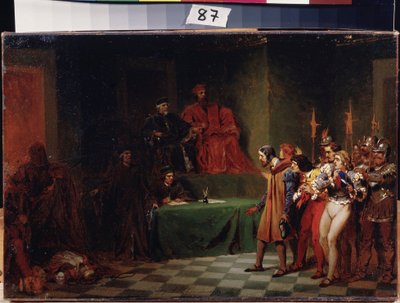 I mosaicisti davanti al consiglio dei Tre a Venezia (Italia). Dipinto di Feodor Andreyevich Bronnikov (1827-1902). Olio su tela, prima del 1886, 25,5 x 37,5 cm, arte russa. Museo Statale d