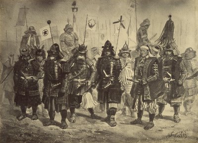 Copia Fotografica di un Disegno di Guerrieri Giapponesi di Charles Wirgman da Felice Beato