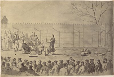 Copia fotografica di un disegno di un uomo giapponese in procinto di essere decapitato di Charles Wirgman da Felice Beato