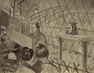 Copia fotografica di un disegno della testa su un tavolo di un uomo decapitato di Charles Wirgman da Felice Beato