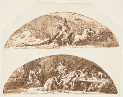 Achille trascina il corpo di Ettore intorno alle mura di Troia, Priamo implora per il corpo di Ettore, Disegni per il soffitto della Galleria di Achille, Palazzo Milzetti, Faenza, Italia da Felice Giani