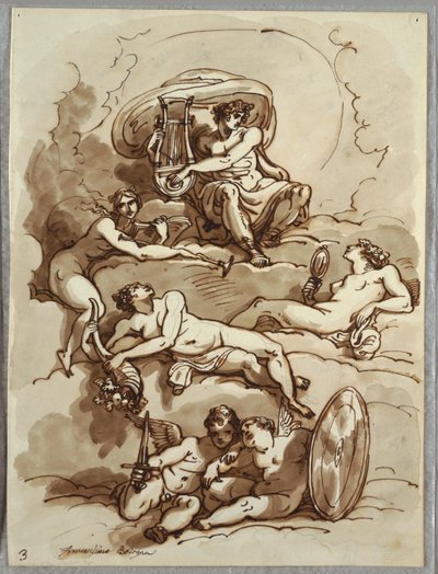 Apollo con lira, Fama, Abbondanza, Bellezza e due putti sulle nuvole, studio dopo Marcantonio Franceschini da Felice Giani