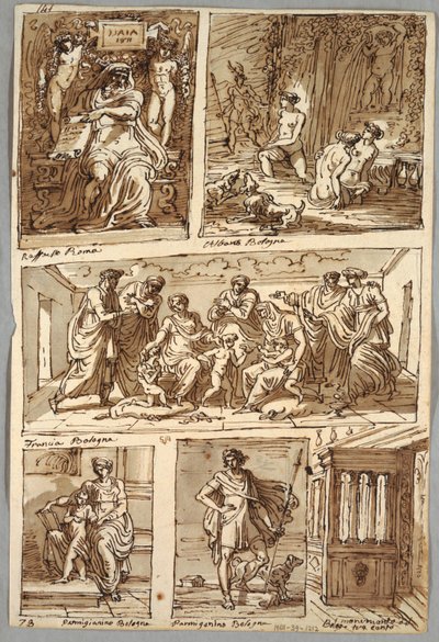 Design dopo dipinti di Raffaello e dipinti a Bologna di Albani, Francia, Parmigianino; Monumento Verso: Studio anatomico da Felice Giani