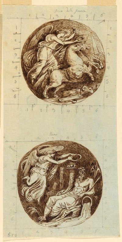 Disegno, una Vittoria alata a cavallo di un carro; una Vittoria alata che incorona un dio del fiume, Reno; due tondi, 1805 ca. da Felice Giani