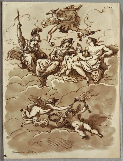 Minerva, Mercurio, Giunone e Venere sulle nuvole, studio dopo Marcantonio Franceschini da Felice Giani