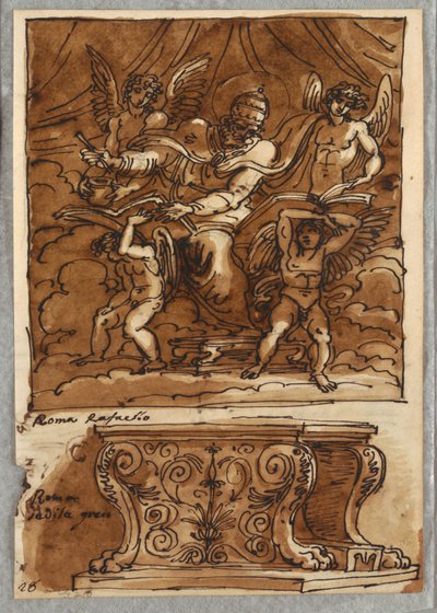 Papa Gregorio VII e quattro angeli, studio dopo Raffaello "Personaggi del Papato"; panca antica da Felice Giani