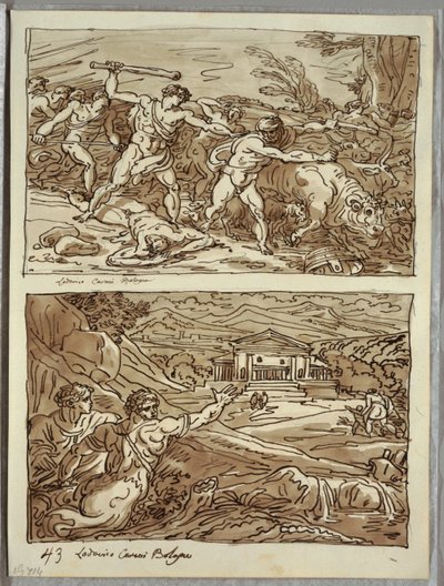 Remo scaccia e uccide i ladri delle mandrie; Santuario per i fuggitivi sul Campidoglio, due studi dopo Carracci da Felice Giani