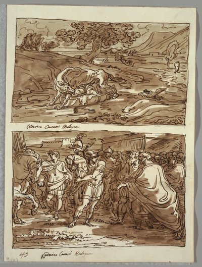 Romolo e Remo allattati dalla lupa; Romolo dedica a Giove Feretrio le spoglie del re Acronius conquistato, due studi dopo Carracci da Felice Giani