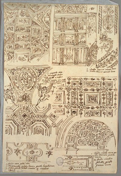 Sette Studi di Soffitti Quadrilateri; Due Studi Anatomici di Braccia (verso) da Felice Giani