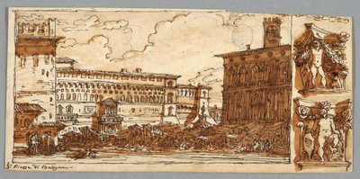 Pagina di taccuino, Folio 57: Studio dopo Piazza Emmanuelle a Bologna; Verso, Dettaglio architettonico da Felice Giani
