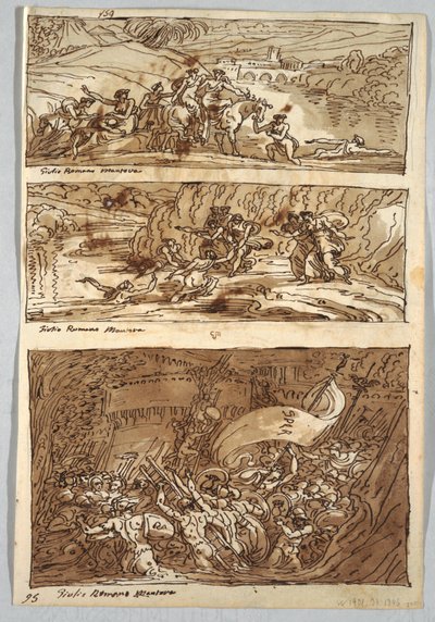 Pagina di taccuino, Foglio 95: Tre dipinti dopo Giulio Romano; Verso: Leone e aquila da Felice Giani