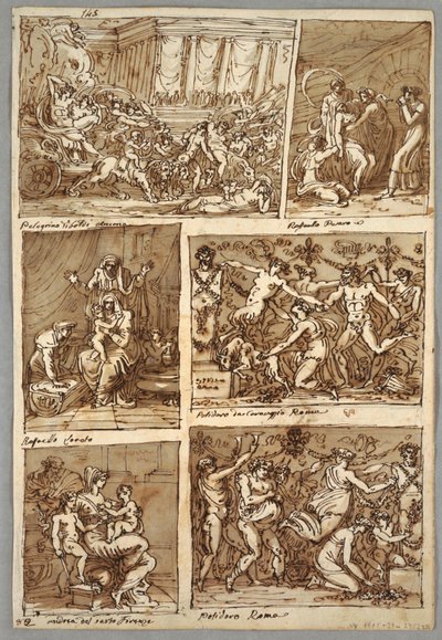 Pagina di Taccuino: Sei Scene; Verso: Cinque Studi di Teste di Cavallo; Testa di Leone da Felice Giani
