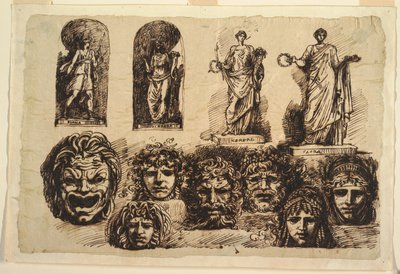 Studi per quattro statue e sette maschere da Felice Giani