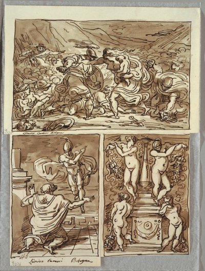 La battaglia tra Romani e Sabini; Apparizione di Romolo a Proculo, due studi dopo i Carracci; Candelabro da Felice Giani