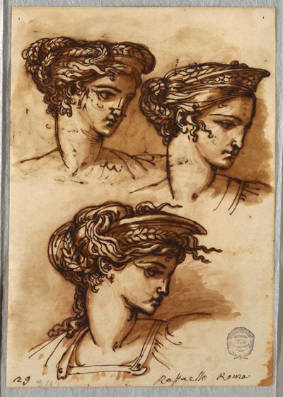 Tre studi di una testa con diadema e capelli intrecciati, dopo Raffaello da Felice Giani
