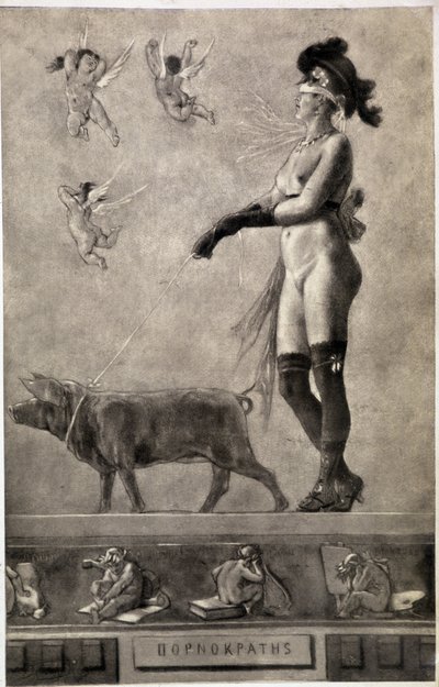 Pornokrates (Donna nuda, occhi bendati, circondata da angeli e con un maiale al guinzaglio) - disegno di Felicien Rops (1833-1898) da Félicien Rops