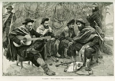 Un payador, duello in versi di cantanti ambulanti. Incisione di Myrbach, per illustrare la storia Viaggio alla Plata, nel 1886, di Emile Daireaux, in Le Tour du monde 1888, diretto da Edouard Charton (1807-1890), Hachette, Parigi. da Felicien baron de Myrbach Rheinfeld