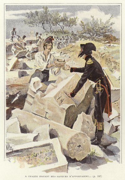 Un soldato che passa una pentola a un altro soldato tra le rovine di Nicopoli da Felicien baron de Myrbach Rheinfeld