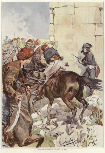 Un soldato mira con il fucile mentre viene attaccato da Felicien baron de Myrbach Rheinfeld
