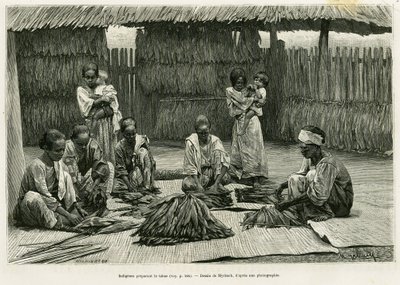 Indigeni che producono tabacco. Incisione di Myrbach per illustrare la storia Lucon e Palaouan, sei anni nelle Filippine, di Alfred Marche (1844-1898), in Le Tour du monde 1886, diretto da Edouard Charton (1807-1890), Hachette, Parigi. da Felicien baron de Myrbach Rheinfeld