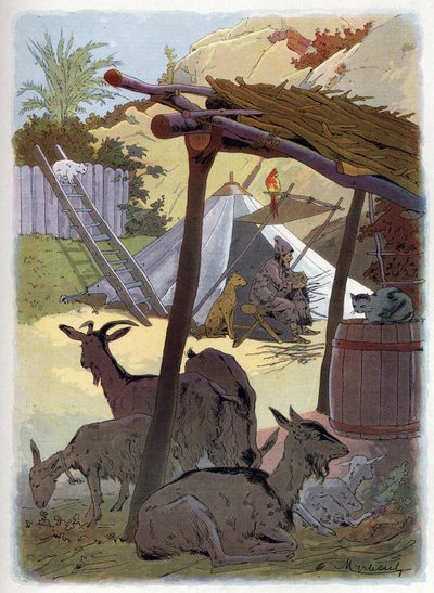 La casa di Robinson Crusoe con i suoi animali da Felicien baron de Myrbach Rheinfeld