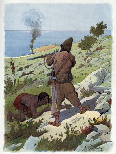 Robinson Crusoe uccide i selvaggi che inseguono Venerdì da Felicien baron de Myrbach Rheinfeld