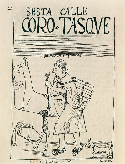 Un giovane che raduna lama e raccoglie legna da Felipe Huaman Poma de Ayala