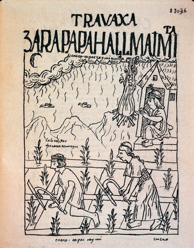 Una coppia di Inca Hatun Runa che lavora nei campi a gennaio da Felipe Huaman Poma de Ayala