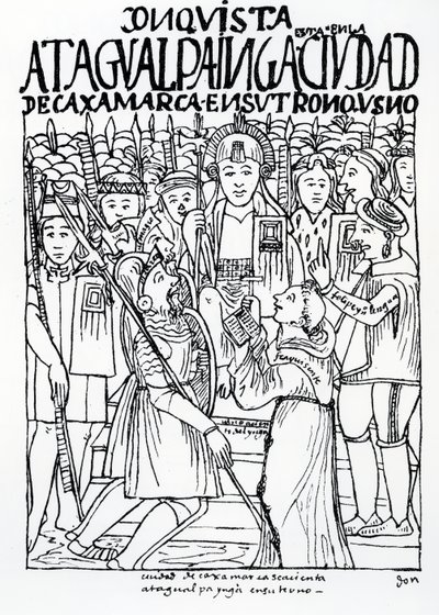 Diego de Almagro, Francisco Pizarro e Fra Vicente de Valverde inginocchiati davanti ad Atahualpa Inca a Cajamarca da Felipe Huaman Poma de Ayala