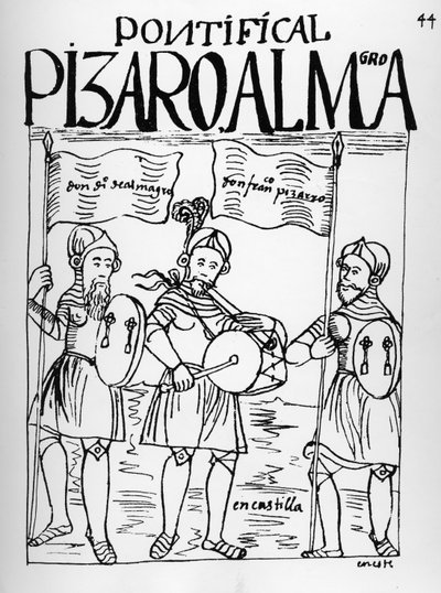 Diego de Almagro e Francisco Pizarro in Castiglia da Felipe Huaman Poma de Ayala