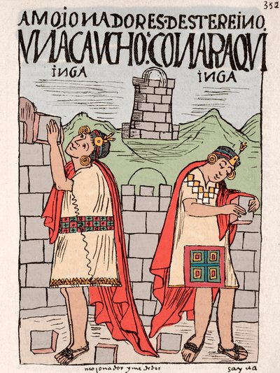 Impero Inca: Incas che costruiscono granai, edifici pubblici e religiosi - Disegno a inchiostro dal manoscritto 