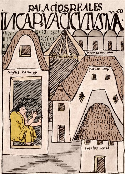 Impero Inca: Templi e Palazzi a Cuzco, Perù - Disegno a inchiostro dal manoscritto "Nueva coronica y buen gobierno" di Don Felipe Puma de Ayala che illustra la vita degli Incas, circa 1587 Lima, Museo Nacional de Antropologia, Arqueologia e Historia de da Felipe Huaman Poma de Ayala