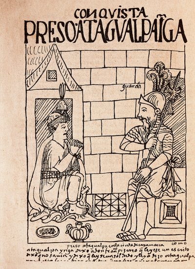 Imperatore Inca Atahualpa, prigioniero dei Conquistadores a Cajamarca da Felipe Huaman Poma de Ayala