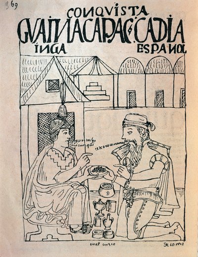 Inca di Cuzco e conquistador inglese che ricevono doni in cambio della libertà dell