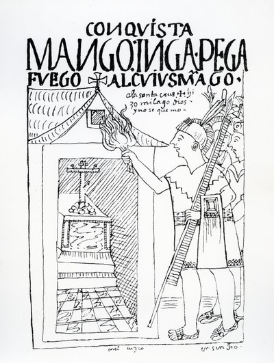 Manco Inca tenta di bruciare il palazzo Inca di Cuyus Mango, convertito per il culto cristiano, ma Dio interviene da Felipe Huaman Poma de Ayala