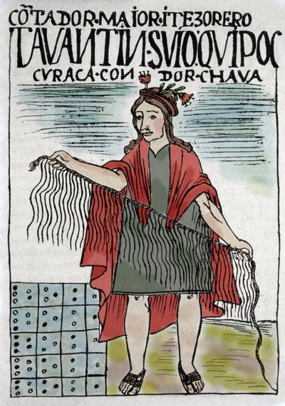 Quipu sistema di contabilità Inca in corde e nodi, cultura Inca 1400-1532 d.C., manoscritto di Felipe Guaman Poma de Ayala (Nueva Coronica y buen Gobierno), cronista indiano del XVI secolo. da Felipe Huaman Poma de Ayala