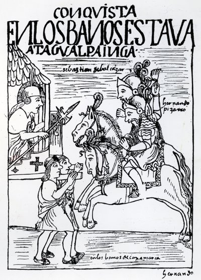 Sebastian de Benalcazar e Hernando Pizarro affrontano Atahualpa Inca alle Terme Reali di Cajamarca da Felipe Huaman Poma de Ayala