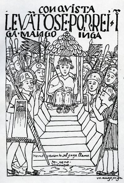Il neoincoronato Manco Inca sul trono a Cuzco da Felipe Huaman Poma de Ayala