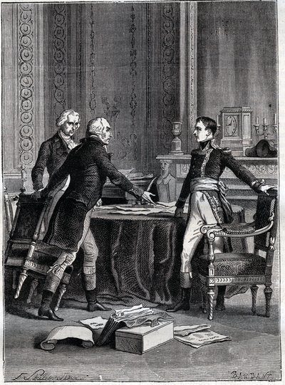 Prima deliberazione dei tre consoli a Lussemburgo - Napoleone Bonaparte, Emmanuel Joseph Sieyes e Pierre Roger-Ducos 1799 - Incisione di Barbant, dopo Philippoteaux - Primo Consolato, 24 Frimaio VIII (15 dicembre 1799), prima riunione del Primo da Felix (after) Philippoteaux
