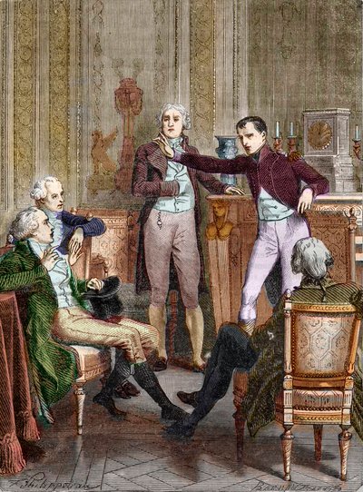 Il Primo Console Bonaparte parla con il matematico Gaspard Monge - Discussione tra Bonaparte, Primo Console, e Gaspard Monge (1746-1818) incisione di Felix Philippoteaux (1815-1884) da Felix (after) Philippoteaux