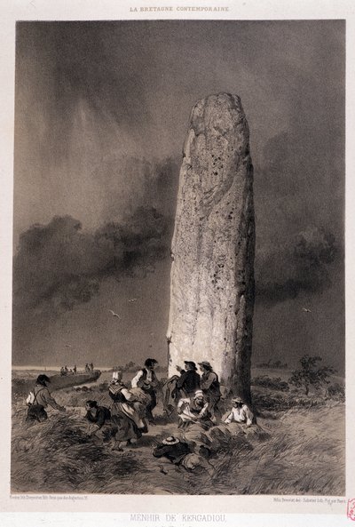 Contadini intorno al menhir di Kergadiou (Finistère) - in "La Bretagna contemporanea", ill. di Felix Benoist, ed. Charpentier, Parigi da Felix Benoist