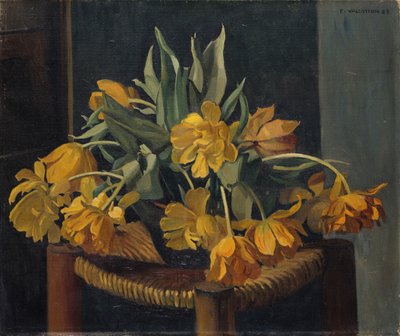 Tulipani gialli doppi su una sedia di vimini da Felix Edouard Vallotton