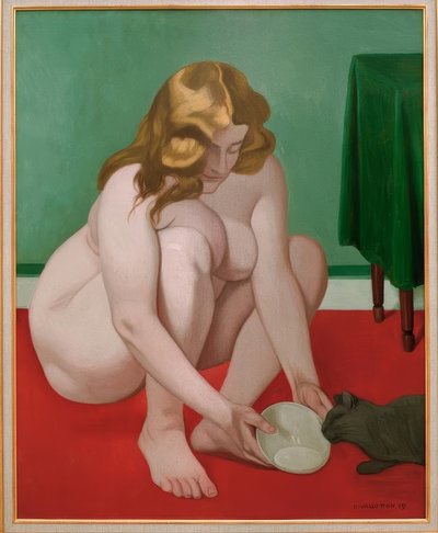 Donna accovacciata che offre latte a un gatto da Felix Edouard Vallotton