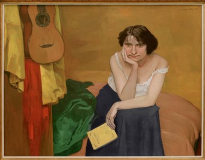 Donna bruna seduta di fronte, con chitarra da Felix Edouard Vallotton