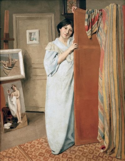 Interno di atelier con la moglie dell