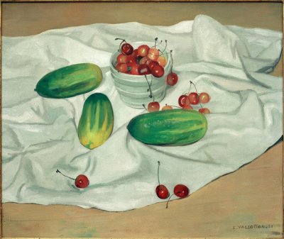 Tre cetrioli e un vaso bianco contenente ciliegie da Felix Edouard Vallotton