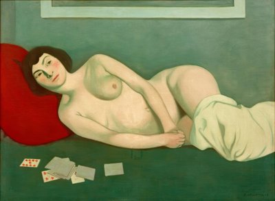 Donna nuda sdraiata con carte blu da Felix Edouard Vallotton